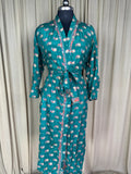 Women's Recycled Silk Kimono Robe in green paisley