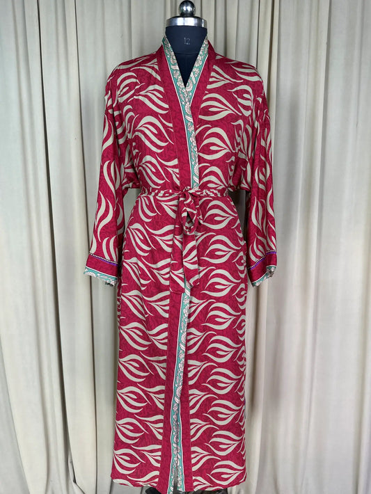 Recycle Silk Sari Women Kimono | Boho Chic Beach Cover Up Vintage Lounge Dressing Robe  l Resort Wear Regal Gypsy House Robe | Red Floral