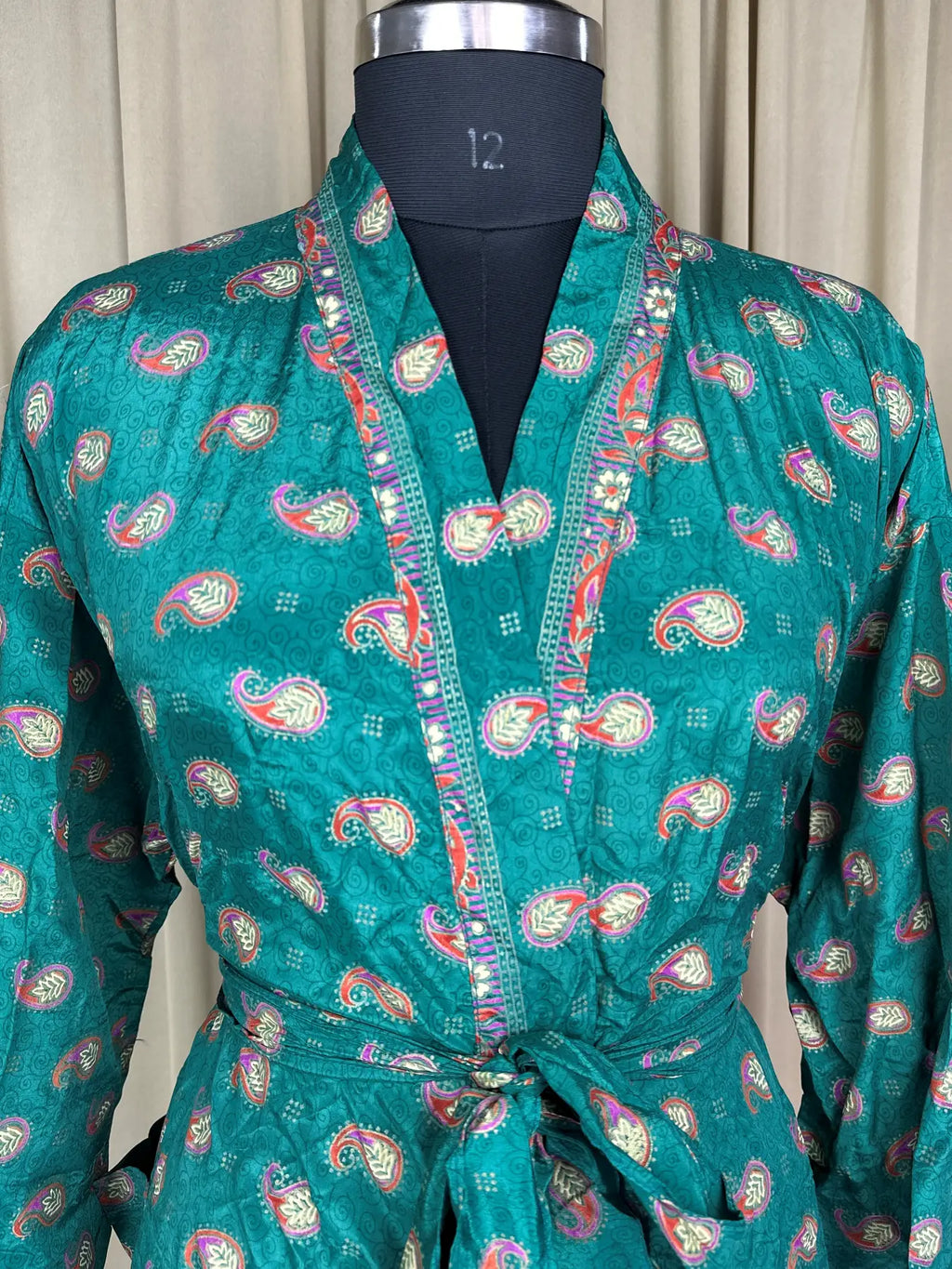 Women's Recycled Silk Kimono Robe in green paisley