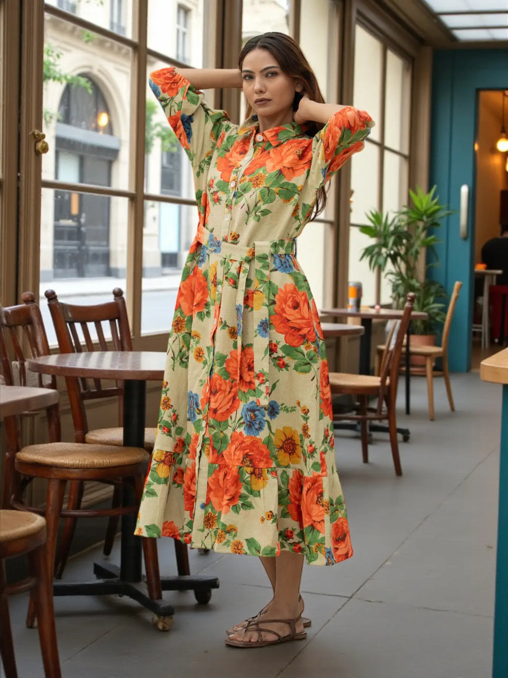 Women's block-printed Cotton Midi Dress in floral