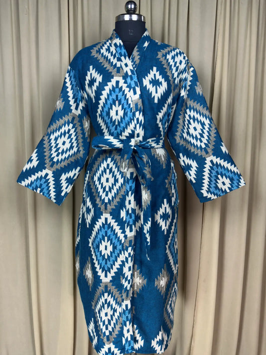 Yak Wool Blend Women Kimono Robe, Cozy Winter Romance Loungewear, Blue Diamond Print Cardigan House Coat with Pockets, Quirky Christmas Gift