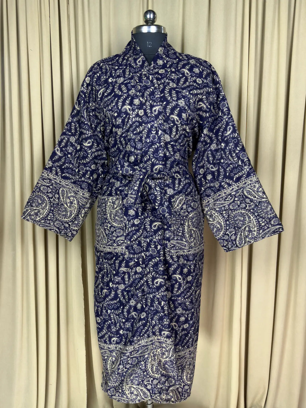 Yak Wool Blend Women Kimono Robe, Cozy Warm Winter Romance Loungewear | Blue Paisley Cardigan House Coat with Pockets, Quirky Christmas Gift
