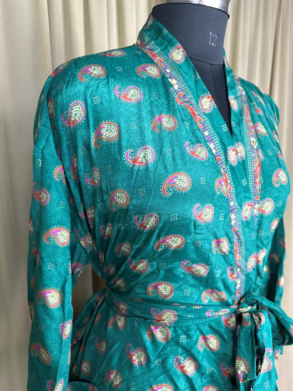Women's Recycled Silk Kimono Robe in green paisley