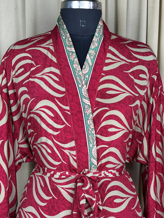 Recycle Silk Sari Women Kimono | Boho Chic Beach Cover Up Vintage Lounge Dressing Robe  l Resort Wear Regal Gypsy House Robe | Red Floral