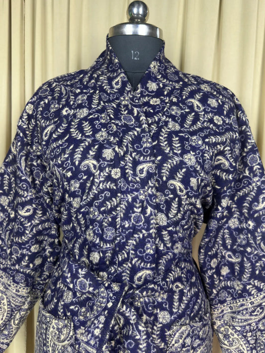 Yak Wool Blend Women Kimono Robe, Cozy Warm Winter Romance Loungewear | Blue Paisley Cardigan House Coat with Pockets, Quirky Christmas Gift