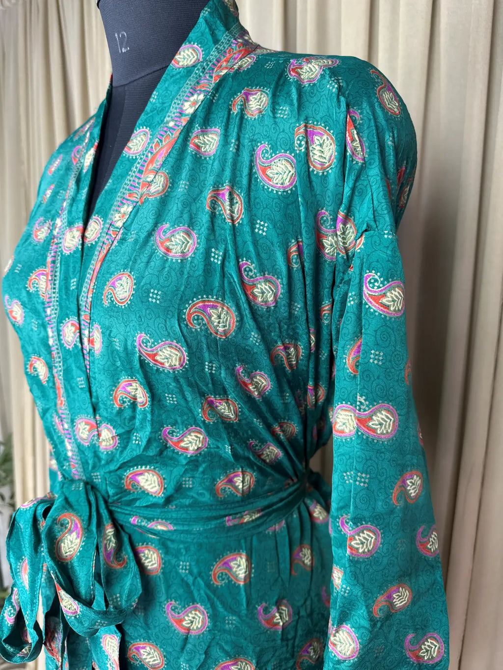 Women's Recycled Silk Kimono Robe in green paisley