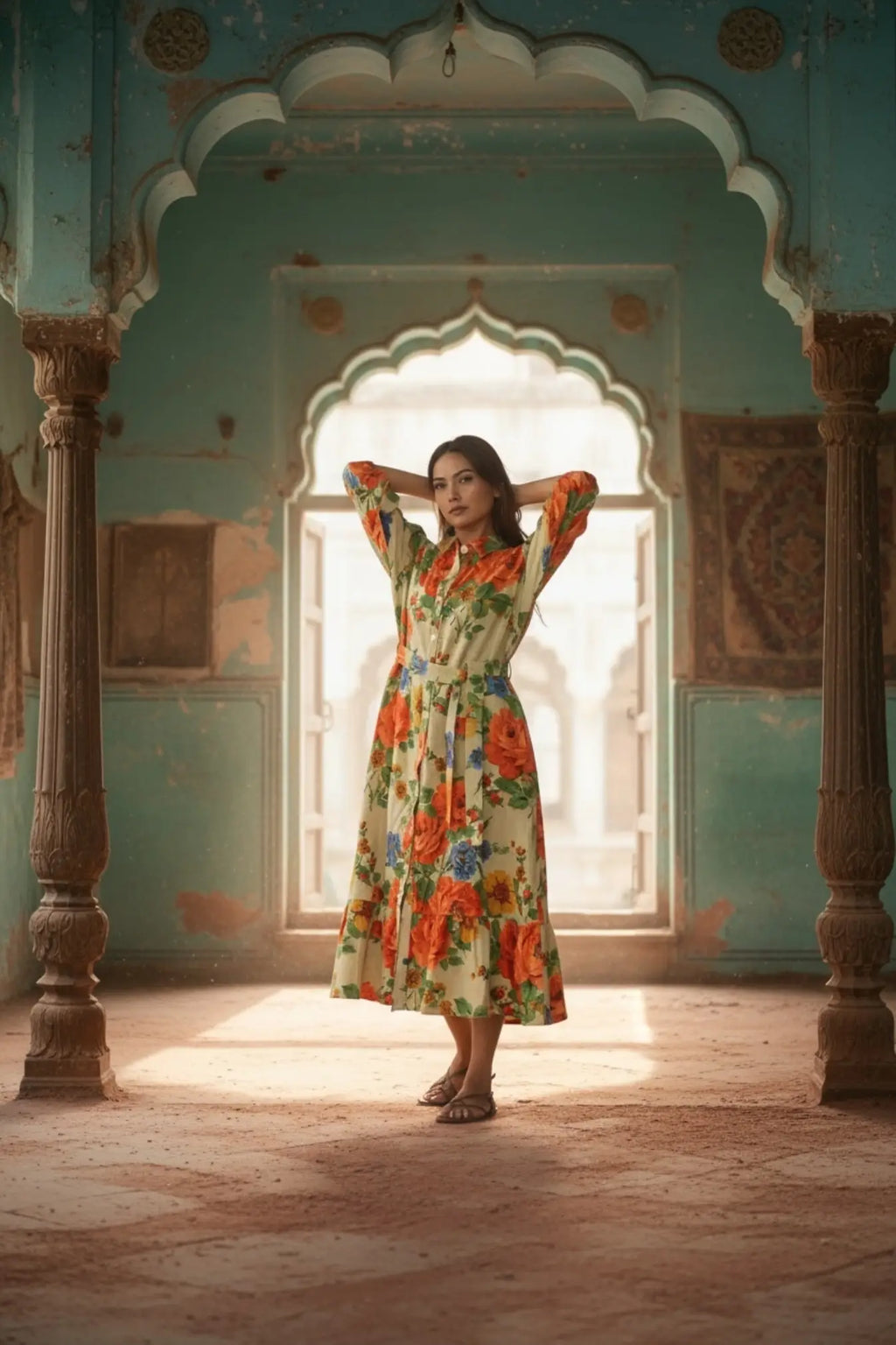 Women's block-printed Cotton Midi Dress in floral