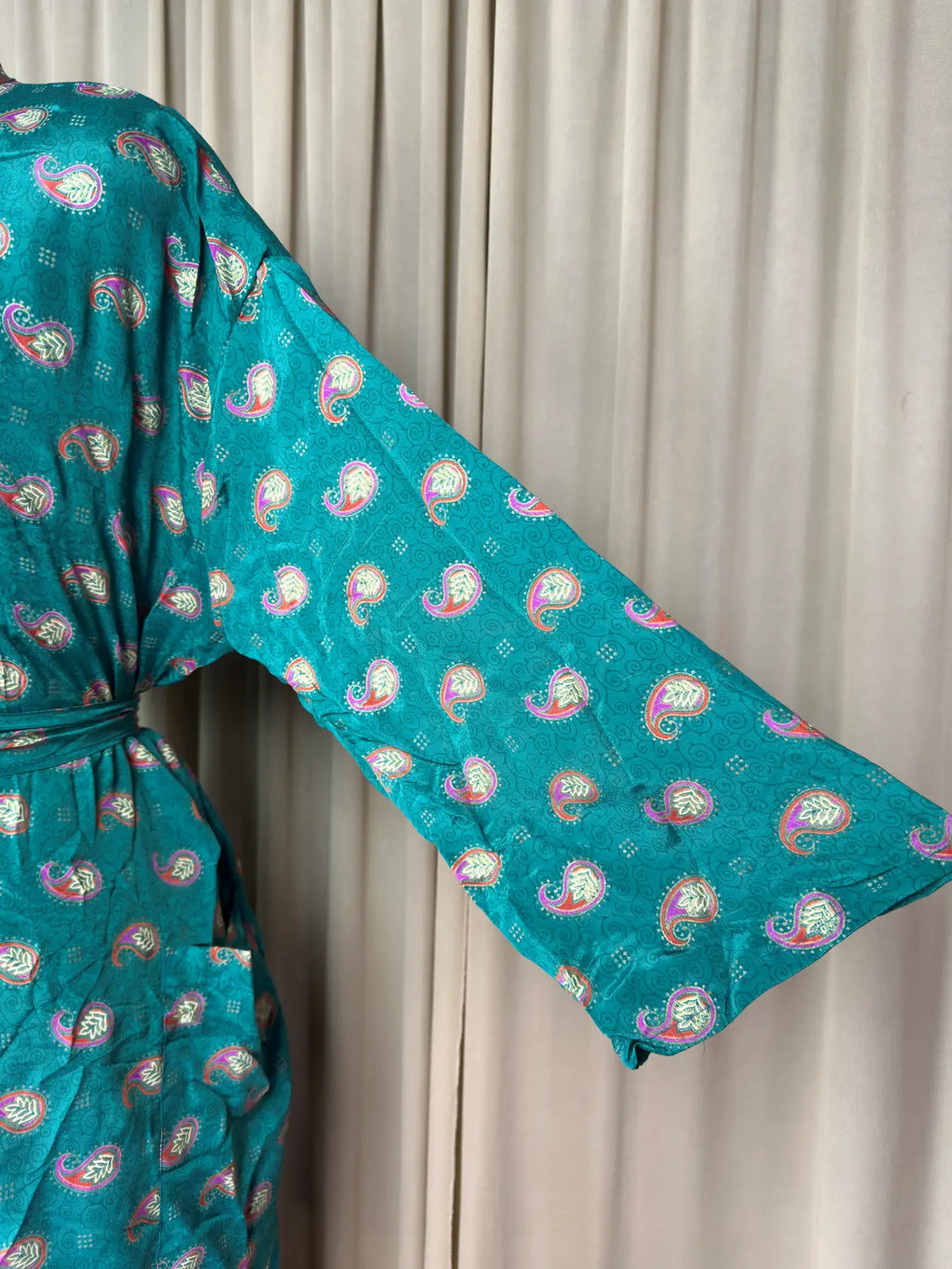 Women's Recycled Silk Kimono Robe in green paisley