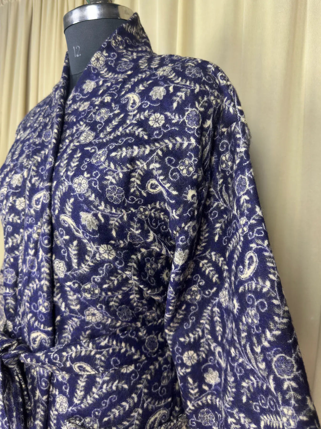 Yak Wool Blend Women Kimono Robe, Cozy Warm Winter Romance Loungewear | Blue Paisley Cardigan House Coat with Pockets, Quirky Christmas Gift