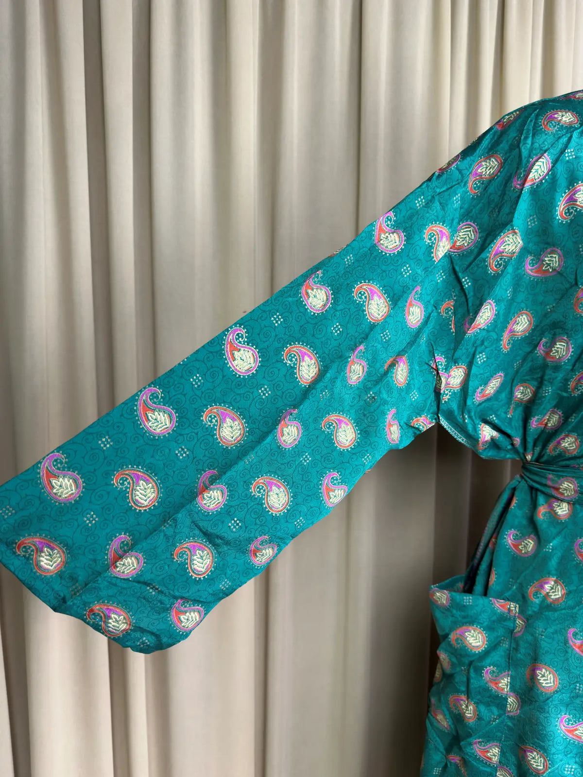 Women's Recycled Silk Kimono Robe in green paisley