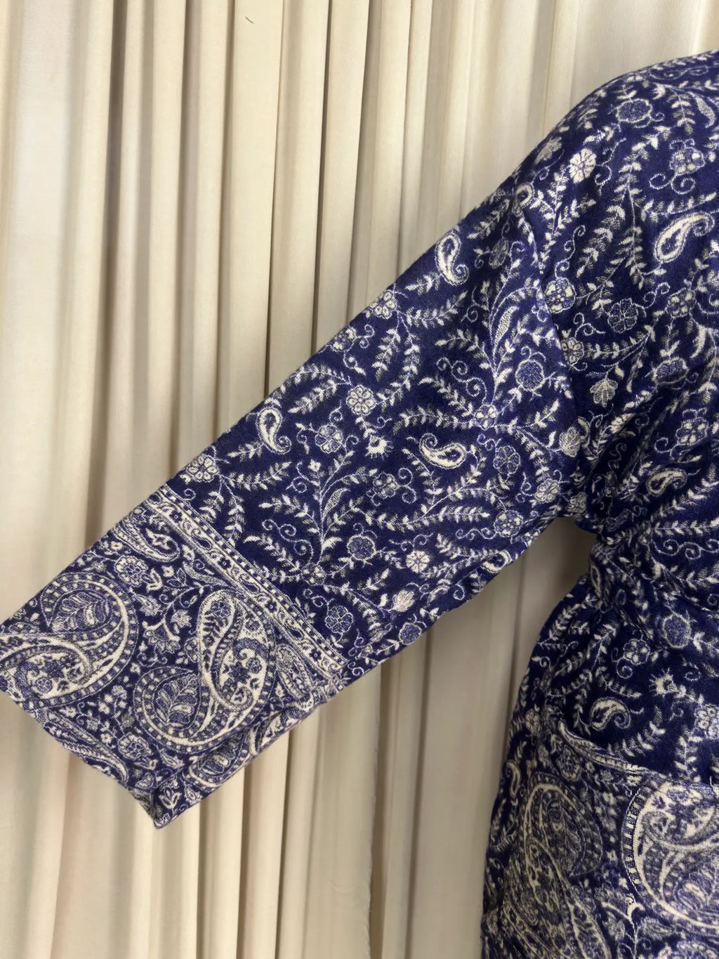 Yak Wool Blend Women Kimono Robe, Cozy Warm Winter Romance Loungewear | Blue Paisley Cardigan House Coat with Pockets, Quirky Christmas Gift