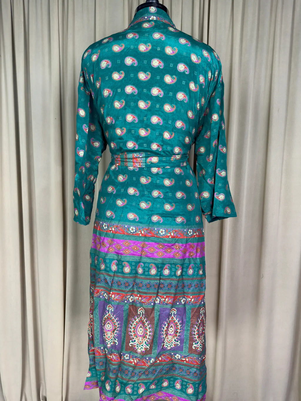 Women's Recycled Silk Kimono Robe in green paisley