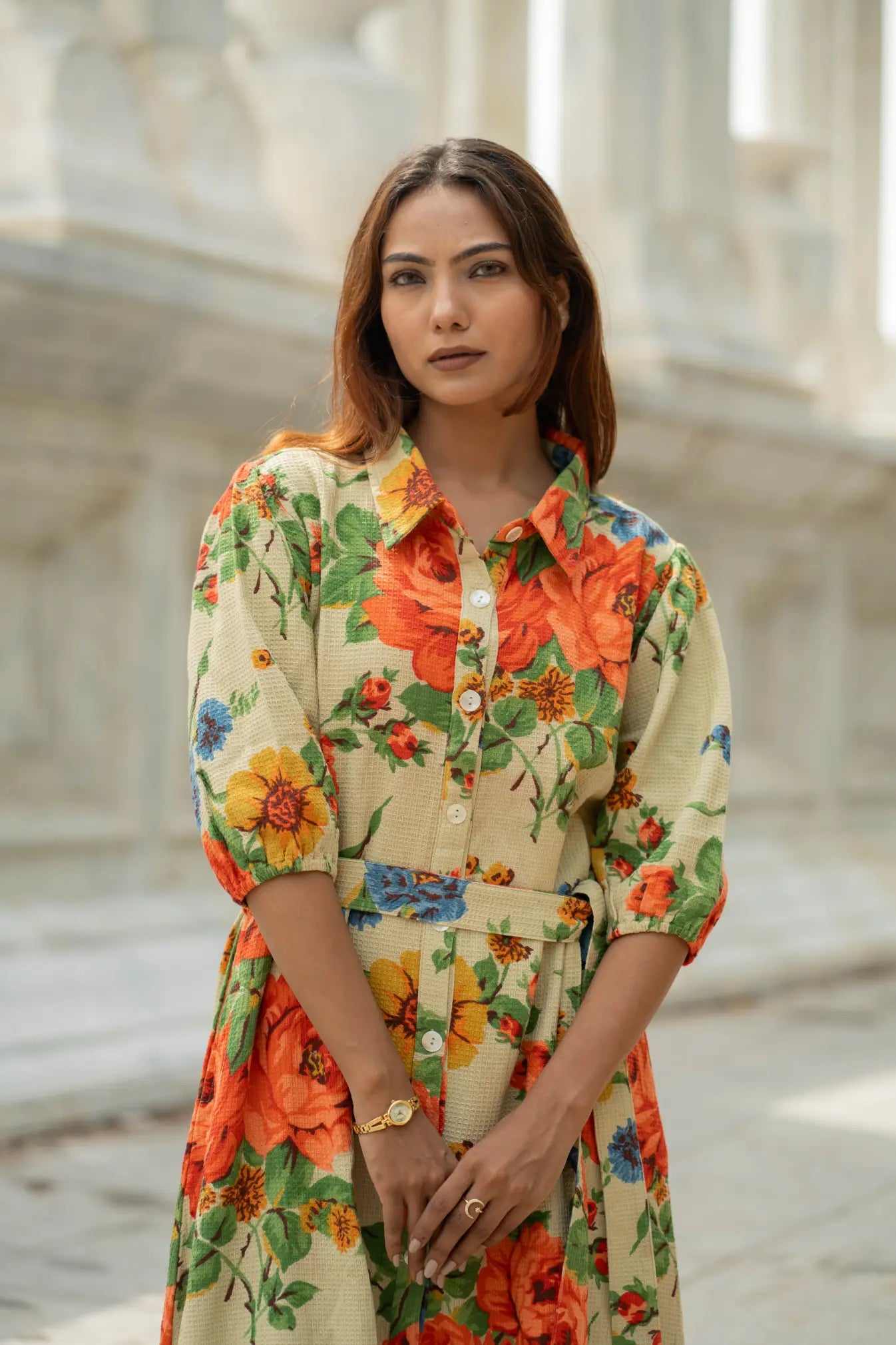 knee length dresses for ladies Handblock Printed Cotton Waffle Dress for Women, Floral Boho Midi Long –  The Eastern Loom