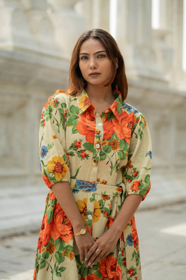 Handblock Printed Cotton Waffle Dress for Women, Floral Boho Midi Long  Summer Tunic | Soft Color, Button Closure