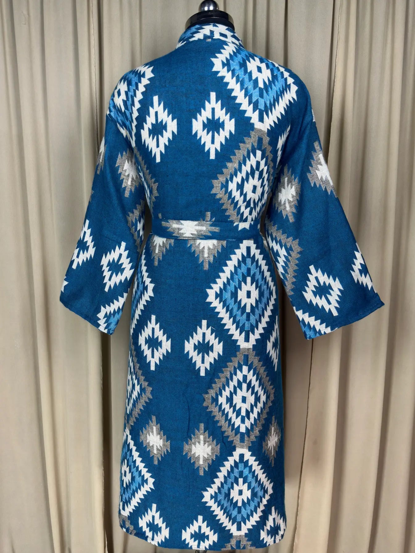 Yak Wool Blend Women Kimono Robe, Cozy Winter Romance Loungewear, Blue Diamond Print Cardigan House Coat with Pockets, Quirky Christmas Gift