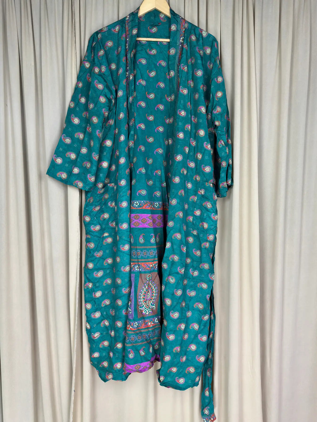 Women's Recycled Silk Kimono Robe in green paisley
