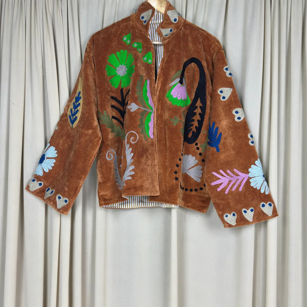 Boho Hand Embroidered Velvet Suzani Jacket, Brown Floral Open Front Coat Winter Wear Free Size Robe Retro Chic Free Size Robe Blazer for Her