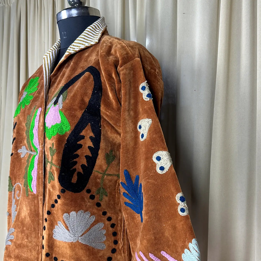 Boho Hand Embroidered Velvet Suzani Jacket, Brown Floral Open Front Coat Winter Wear Free Size Robe Retro Chic Free Size Robe Blazer for Her