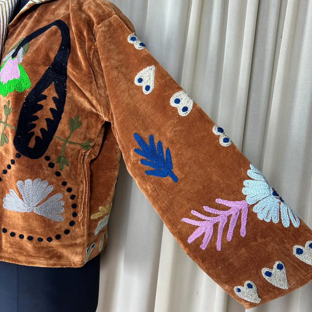 Boho Hand Embroidered Velvet Suzani Jacket, Brown Floral Open Front Coat Winter Wear Free Size Robe Retro Chic Free Size Robe Blazer for Her
