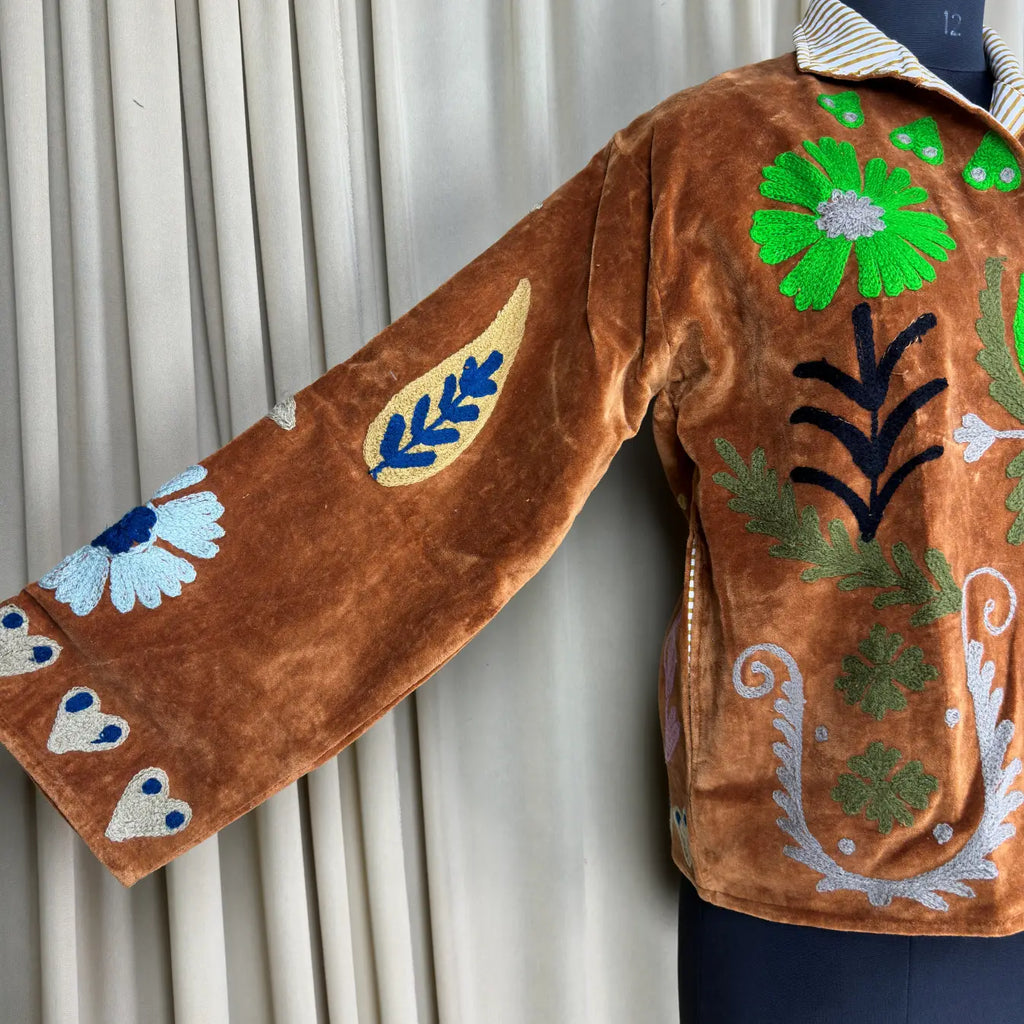 Boho Hand Embroidered Velvet Suzani Jacket, Brown Floral Open Front Coat Winter Wear Free Size Robe Retro Chic Free Size Robe Blazer for Her
