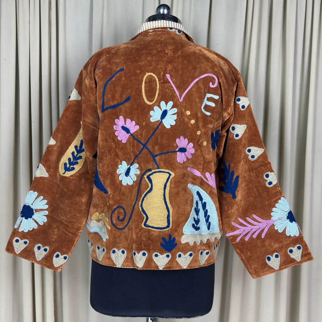 Boho Hand Embroidered Velvet Suzani Jacket, Brown Floral Open Front Coat Winter Wear Free Size Robe Retro Chic Free Size Robe Blazer for Her