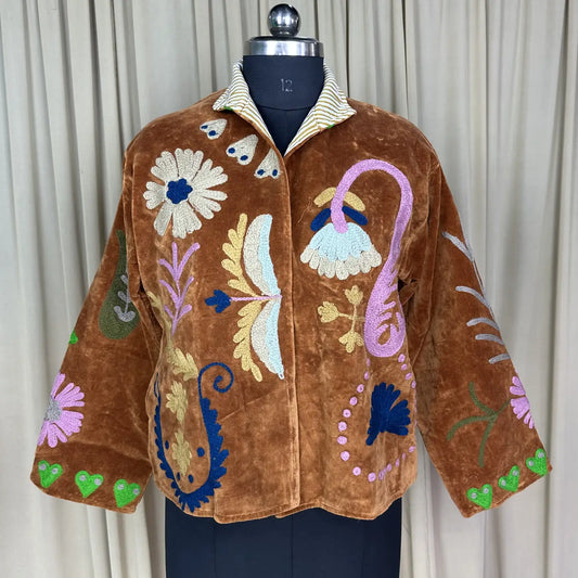 Boho Hand Embroidered Velvet Suzani Jacket, Brown Floral Open Front Coat Winter Wear Free Size Robe Retro Chic Free Size Robe Blazer for Her