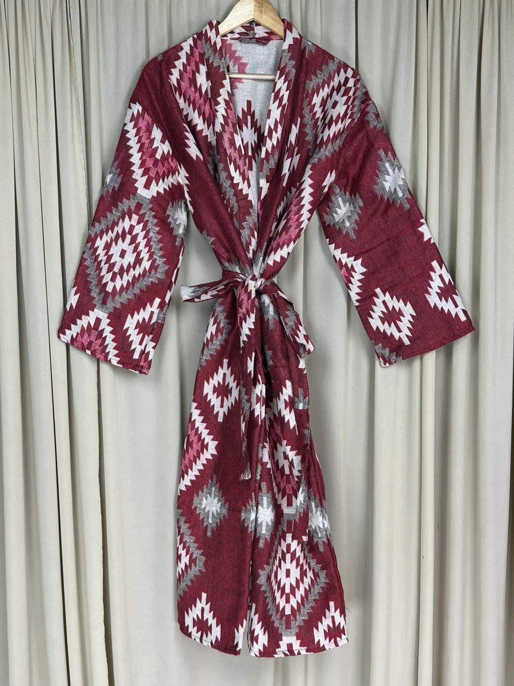 Yak Wool Blend Women Kimono Robe, Cozy Winter Romance Loungewear | Red Diamond Print Cardigan House Coat with Pockets, Quirky Christmas Gift