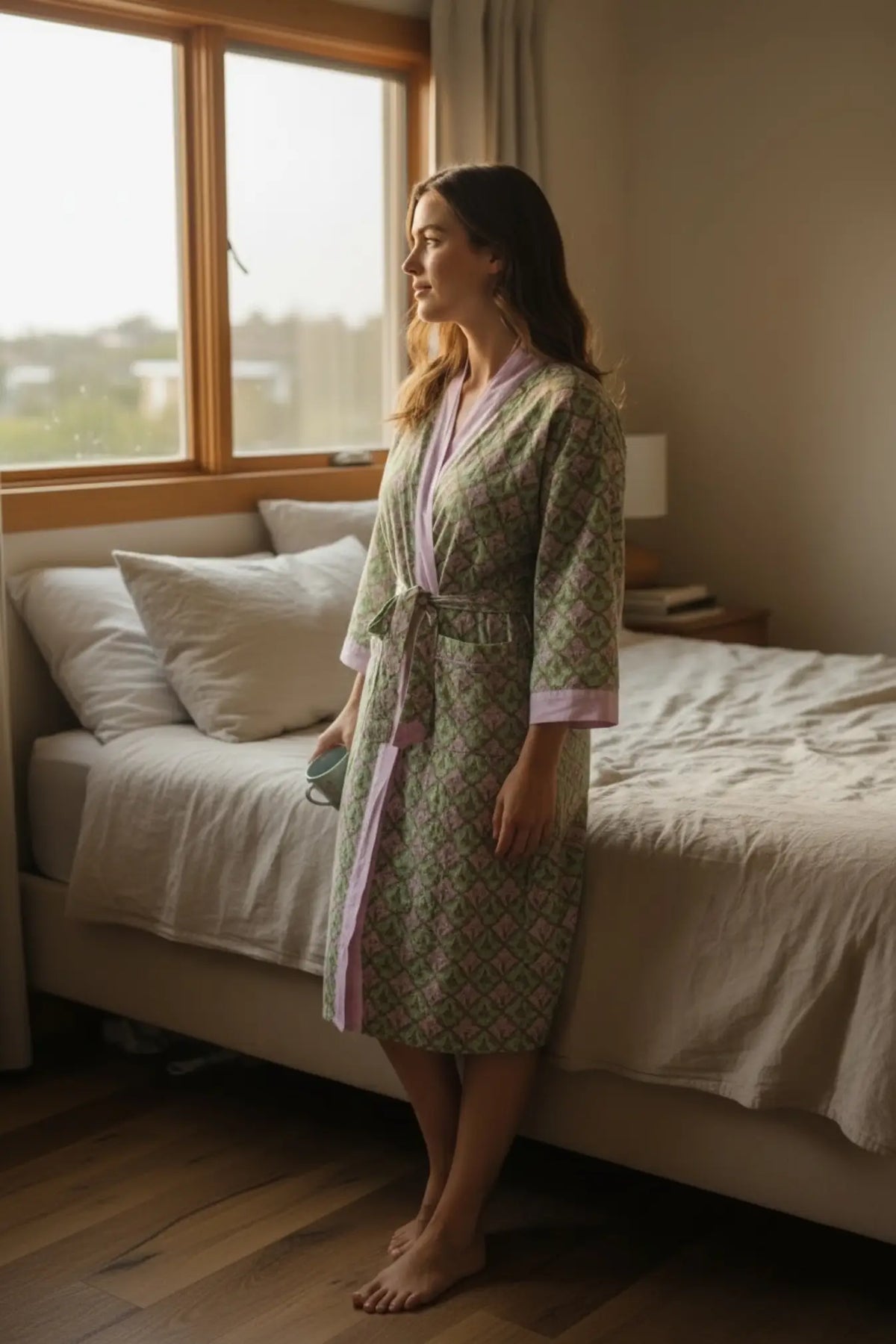 Women's block-printed Cotton Kimono Robe