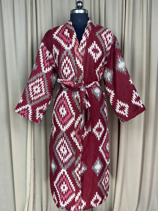 Yak Wool Blend Women Kimono Robe, Cozy Winter Romance Loungewear | Red Diamond Print Cardigan House Coat with Pockets, Quirky Christmas Gift