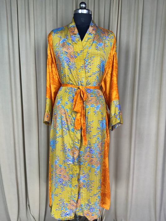 Recycle Silk Sari Women Kimono | Boho Chic Beach Cover Up Vintage Lounge Dressing Robe  l Resort Wear Regal Gypsy House Robe | Yellow Floral