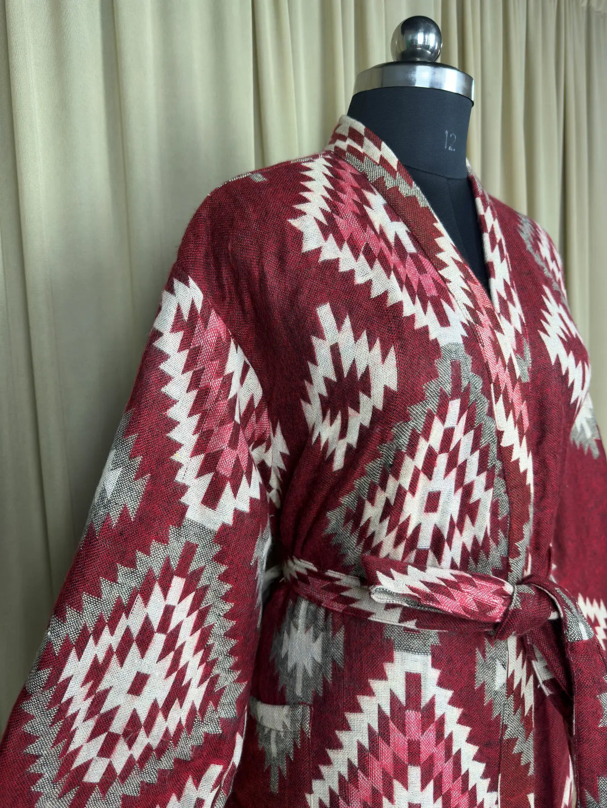 Yak Wool Blend Women Kimono Robe, Cozy Winter Romance Loungewear | Red Diamond Print Cardigan House Coat with Pockets, Quirky Christmas Gift