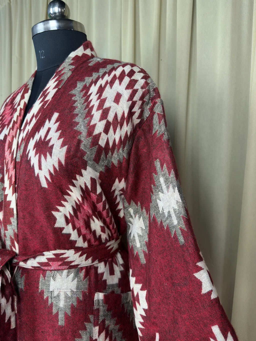 Yak Wool Blend Women Kimono Robe, Cozy Winter Romance Loungewear | Red Diamond Print Cardigan House Coat with Pockets, Quirky Christmas Gift