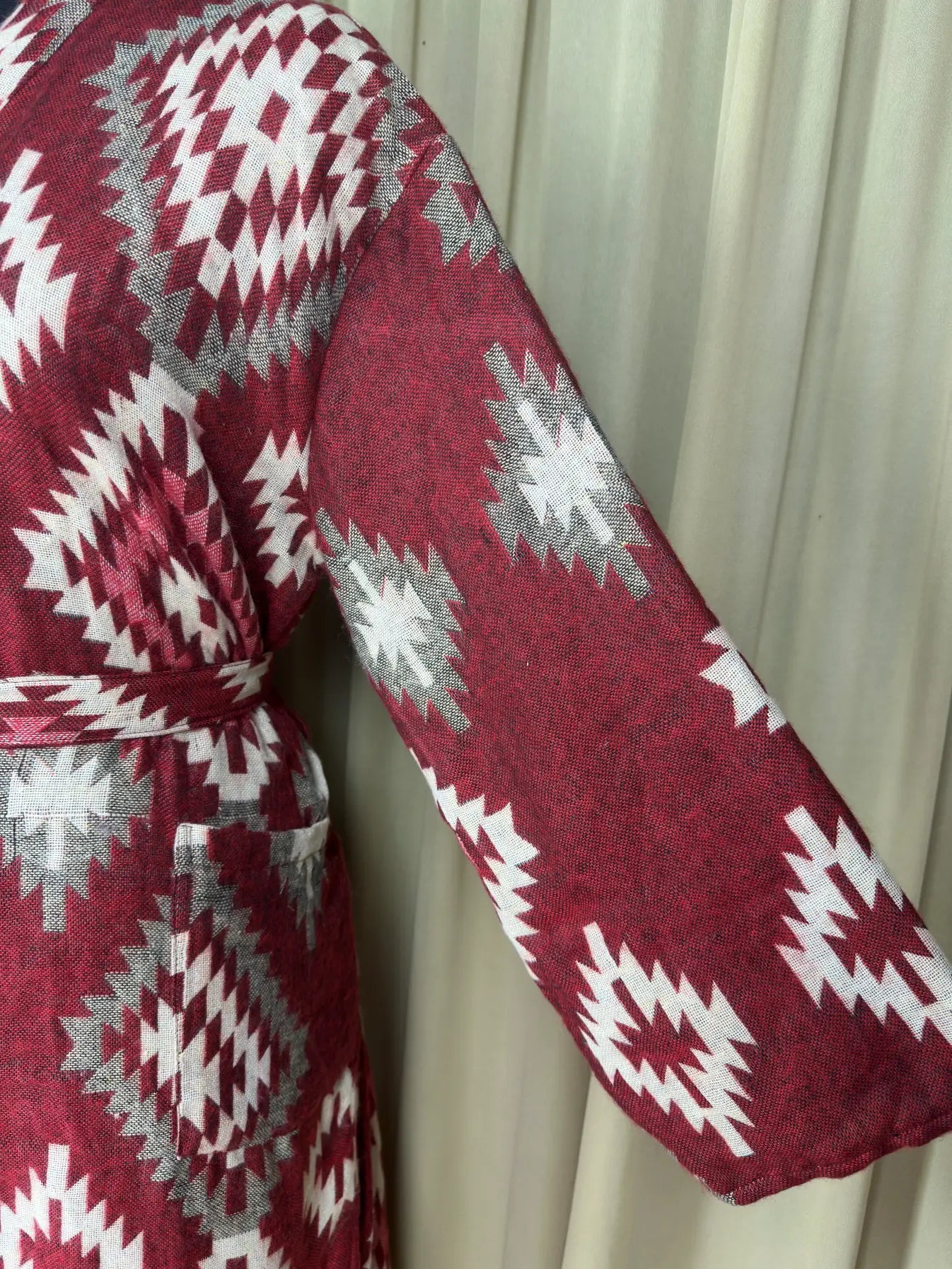 Yak Wool Blend Women Kimono Robe, Cozy Winter Romance Loungewear | Red Diamond Print Cardigan House Coat with Pockets, Quirky Christmas Gift
