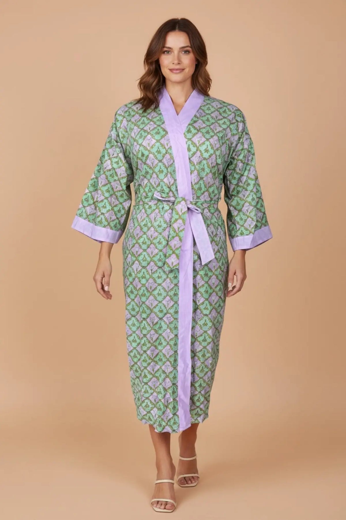 Women's block-printed Cotton Kimono Robe