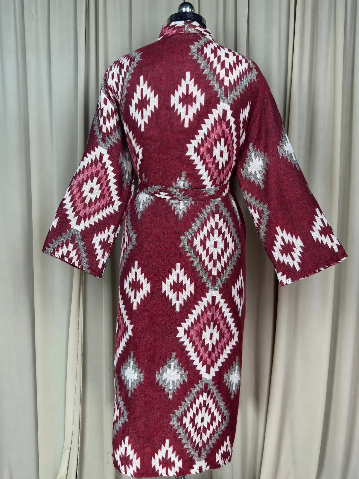 Yak Wool Blend Women Kimono Robe, Cozy Winter Romance Loungewear | Red Diamond Print Cardigan House Coat with Pockets, Quirky Christmas Gift