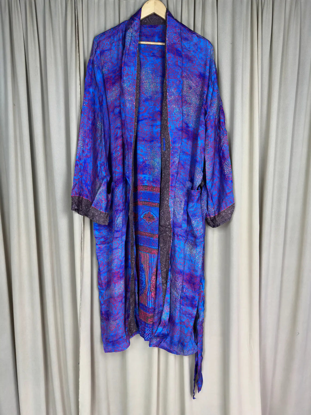 Men's Silky Kimono Robe in blue geometric