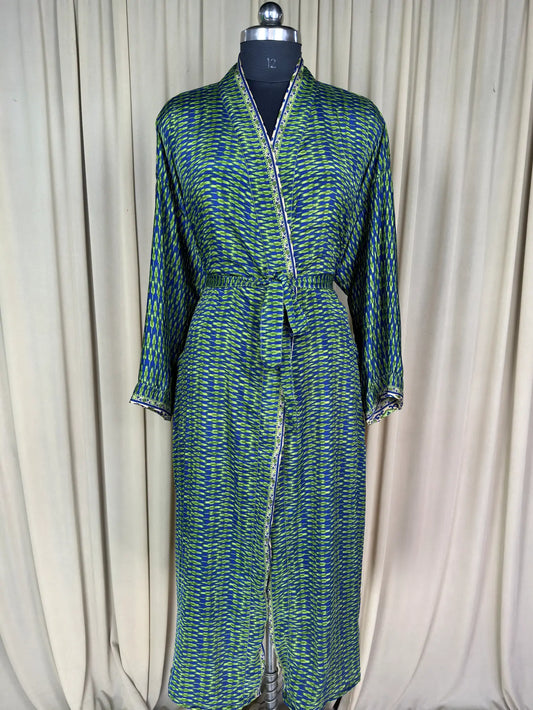Recycle Silk Sari Women Kimono | Boho Chic Beach Cover Up Vintage Lounge Dressing Robe  l Resort Wear Regal Gypsy House Robe, Blue Geometric