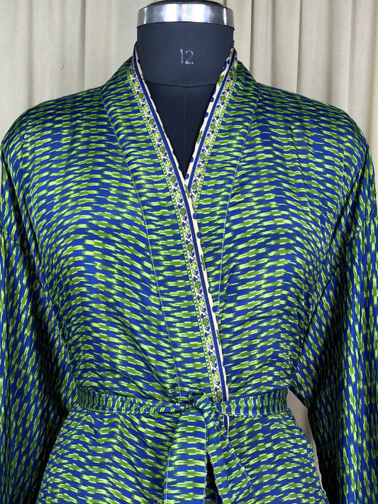 Recycle Silk Sari Women Kimono | Boho Chic Beach Cover Up Vintage Lounge Dressing Robe  l Resort Wear Regal Gypsy House Robe, Blue Geometric