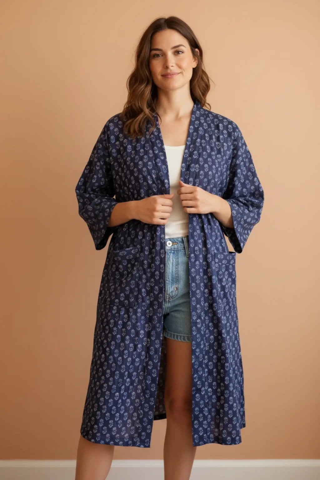 Women's block-printed Cotton Kimono Robe