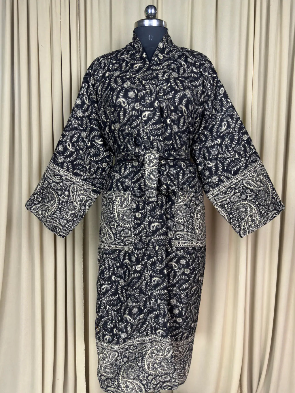 Women's Yak Wool Blend Kimono Robe in black paisley with pockets
