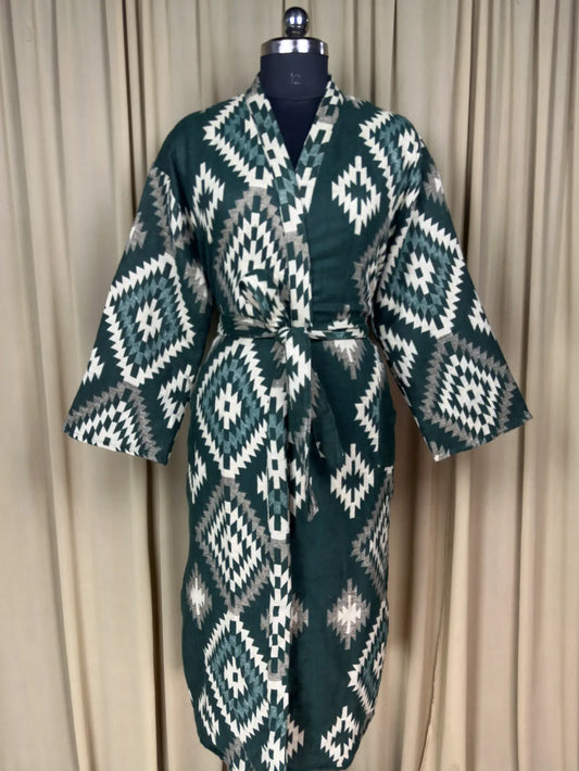 Yak Wool Blend Women Kimono Robe, Cozy Winter Romance Loungewear, Green Diamond Print Cardigan House Coat with Pockets Quirky Christmas Gift