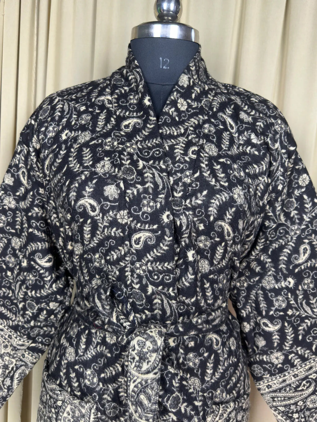 Women's Yak Wool Blend Kimono Robe in black paisley with pockets