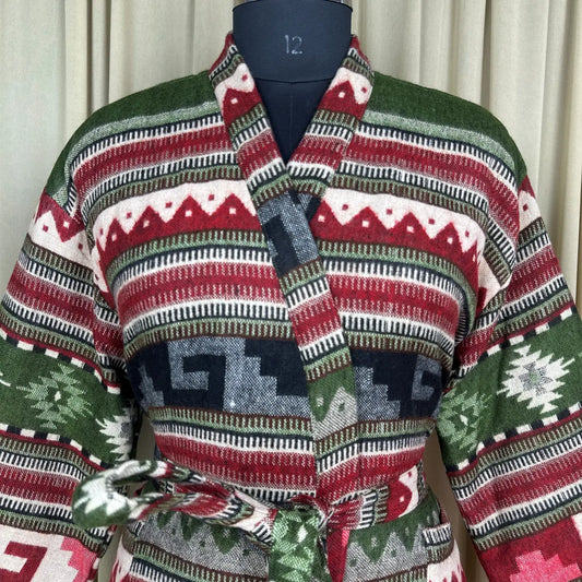 Wool Blend Women Kimono, Winter House Robe Warm Cozy Jacket Short Dressing Loungewear Geometric Cardigan, Handmade Mom Gift Someone Special