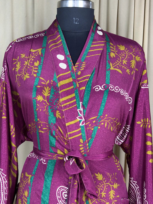 Recycle Silk Sari Women Kimono | Boho Chic Beach Cover Up Vintage Lounge Dressing Robe  l Resort Wear Regal Gypsy House Robe | Purpel Floral