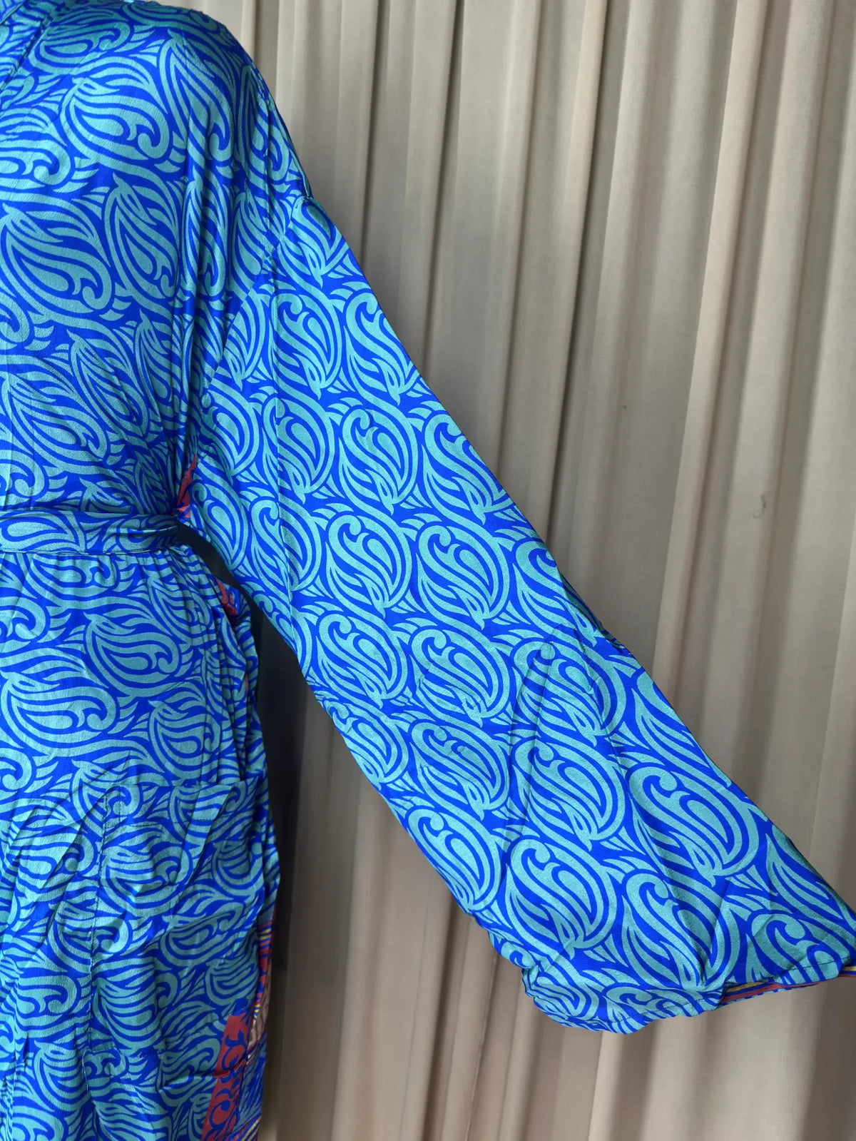 Men's Silky Kimono Robe in blue geometric