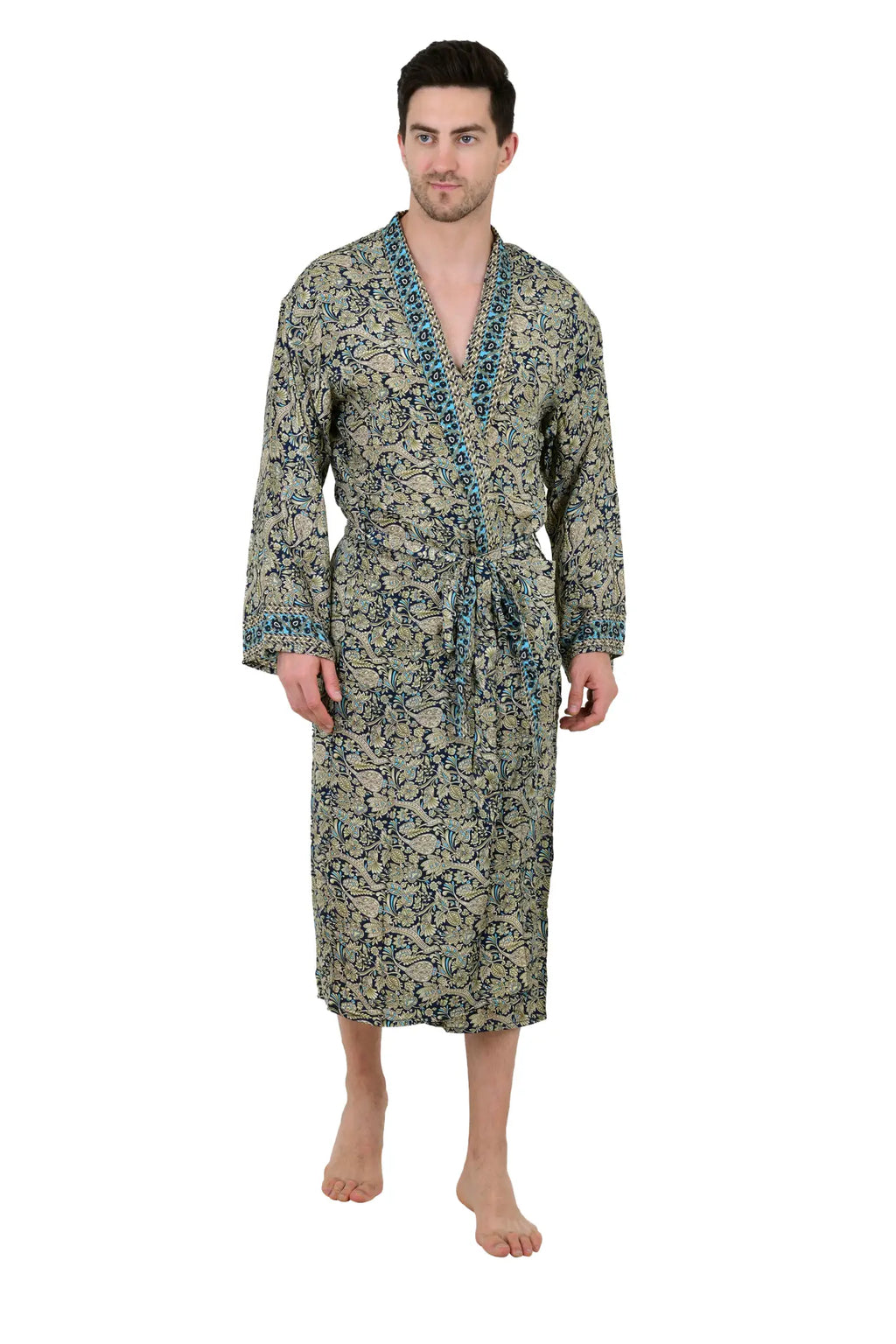 Boho Men's Soft Silk Kimono, Man Regal House Beach Robe, Floral Persian King Elegant Blue Beige Hues Beach Cover Up, Perfect Gift for Dad