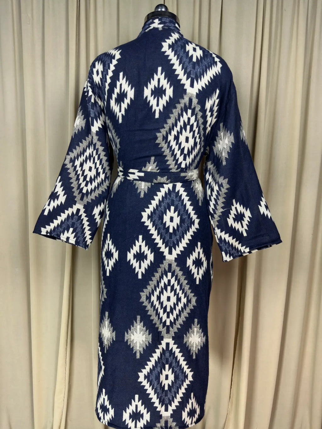 Yak Wool Blend Women Kimono Robe, Cozy Winter Romance Loungewear, Blue Diamond Print Cardigan House Coat with Pockets, Quirky Christmas Gift