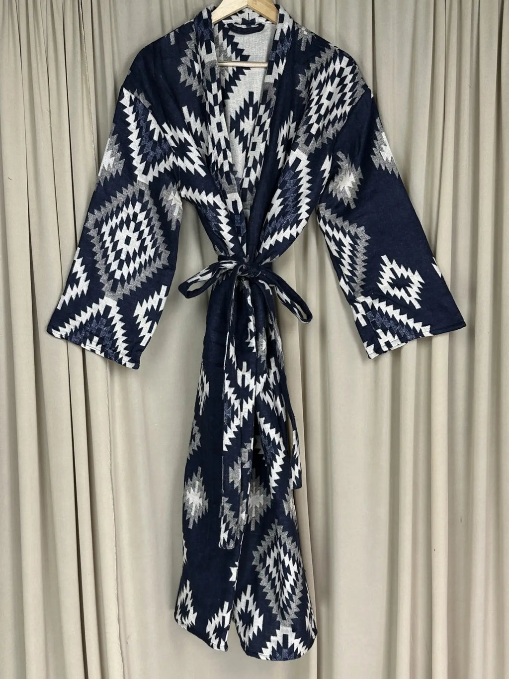 Yak Wool Blend Women Kimono Robe, Cozy Winter Romance Loungewear, Blue Diamond Print Cardigan House Coat with Pockets, Quirky Christmas Gift