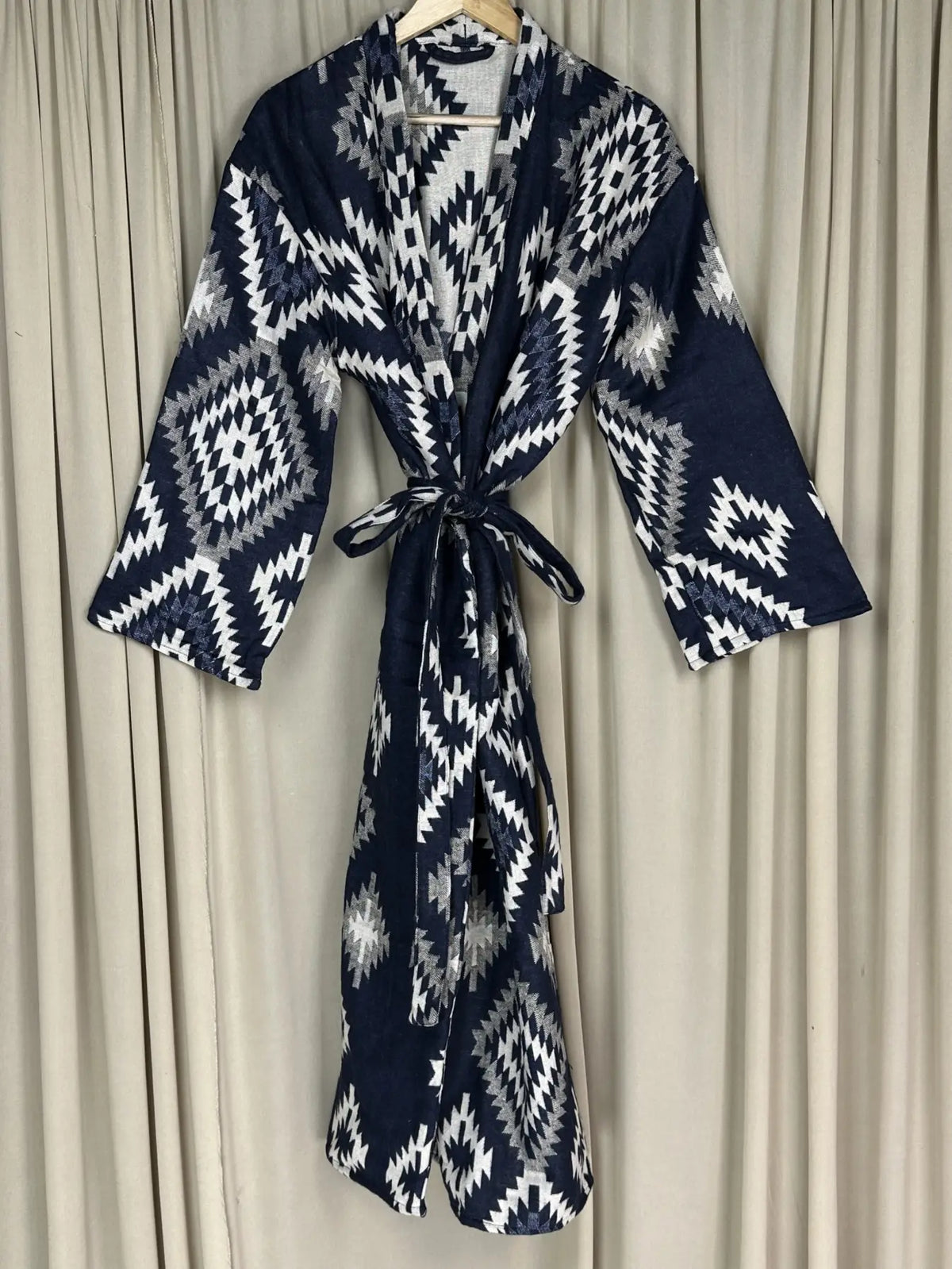 Yak Wool Blend Women Kimono Robe, Cozy Winter Romance Loungewear, Blue Diamond Print Cardigan House Coat with Pockets, Quirky Christmas Gift