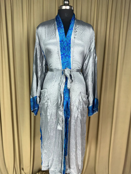 Silky Soft Men’s Kimono Robe, Masculine Elegant Classic Sustainable Vintage House Robe gift, Timeless Comfy Lounge Beach Wear Gray Geometric